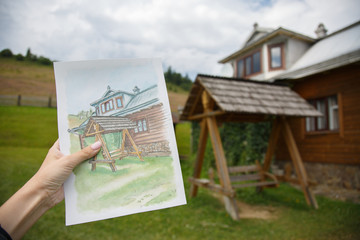 Fototapeta na wymiar Watercolor hand drawn wooden swing and old house. Quick sketch on the trip. Fasade of old houses. Countryside rest sketch. Travel sketching. Architectural coloring book. Place of rest drawn for memory
