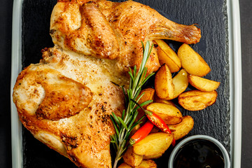 appetizing grilled chicken with homemade potatoes and sauce on a black tray