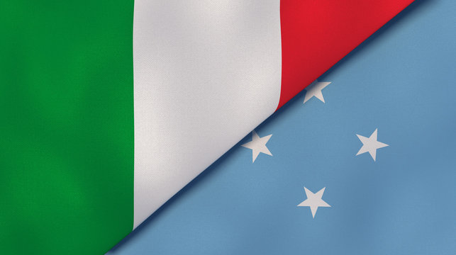 The flags of Italy and Micronesia. News, reportage, business background. 3d illustration