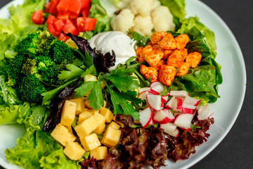 vegetable sliced ​​with sour cream and chicken on a white plate