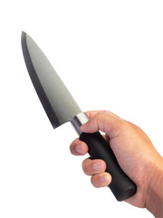  Big kitchen knife in man hand on white background. (clipping path)