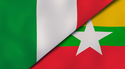 The flags of Italy and Myanmar. News, reportage, business background. 3d illustration