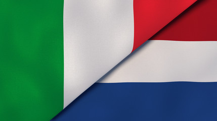The flags of Italy and Netherlands. News, reportage, business background. 3d illustration