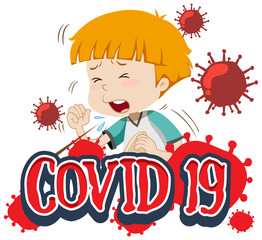 Font design for word covid-19 with boy coughing