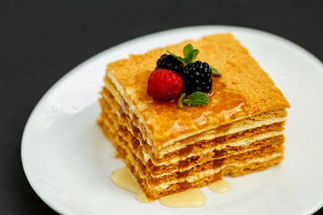 a slice of honey cake with berries, sweet dessert