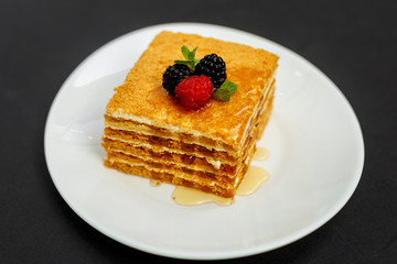 a slice of honey cake with berries, sweet dessert