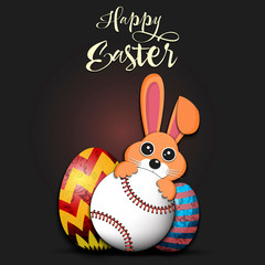 Happy Easter. Easter eggs, rabbit and baseball ball