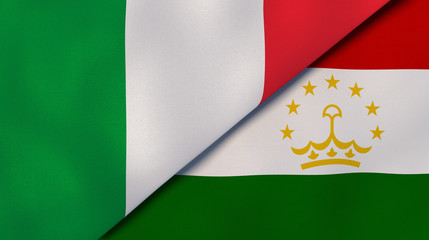 The flags of Italy and Tajikistan. News, reportage, business background. 3d illustration