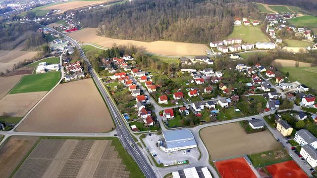 Aerial 4k footage of small village near Linz, Austria