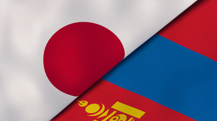 The flags of Japan and Mongolia. News, reportage, business background. 3d illustration