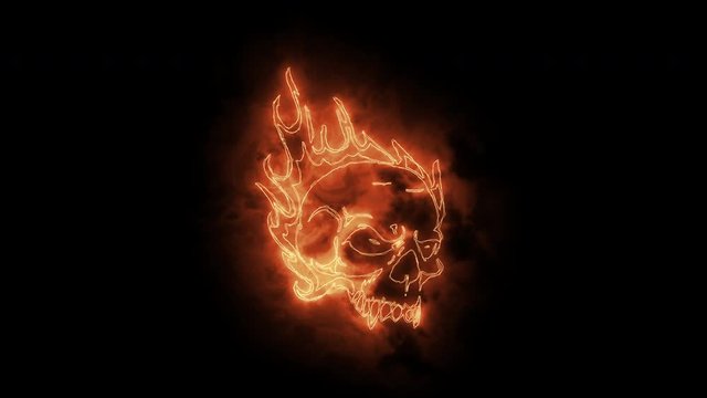 4k stock: Fire Burning Skull. Devilish Skull burning Hell with scary, halloween, horror concept. Royalty high-quality free stock video footage fire flames over a devilish skull on a black background