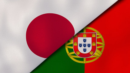 The flags of Japan and Portugal. News, reportage, business background. 3d illustration