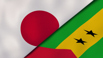 The flags of Japan and Sao Tome and Principe. News, reportage, business background. 3d illustration