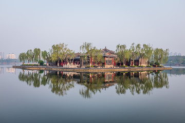Fototapeta premium Central island in Daming Lake. This building called Lixia Pavilion, it is a landmark for Jinan.