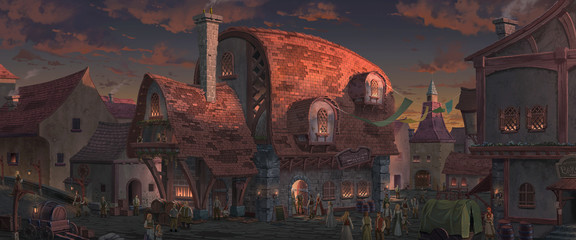 An illustration of the big medieval fantasy tavern.