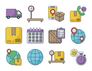 set of icons freight delivery logistics on white background