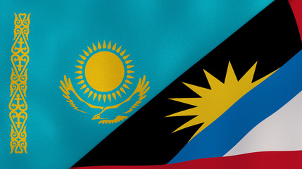 The flags of Kazakhstan and Antigua and Barbuda. News, reportage, business background. 3d illustration