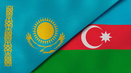 The flags of Kazakhstan and Azerbaijan. News, reportage, business background. 3d illustration