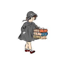Little girl holds stack of books. Clever kid dressed in grey dress and hat in vintage style. Character preschool age.
