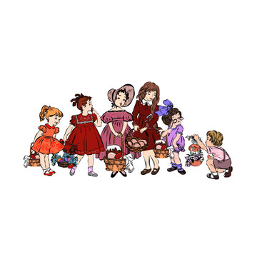 children with baskets, vintage style clip art preview