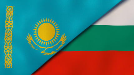 The flags of Kazakhstan and Bulgaria. News, reportage, business background. 3d illustration