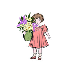 Cute baby girl holding vase with bouquet of wildflowers. Lady in vintage style from the nineteenth century. Drawing for design of greeting card happy mother's day, happy birthday or women's day. 