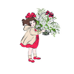 Little girl holding basket with bouquet of lilac. Lady in vintage style from nineteenth century. Drawing for design of greeting card happy mother's day, happy birthday or women's day. 