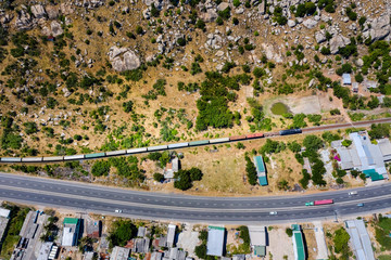Aerial view of train and railway at Ca Na area town, Ninh Thuan, Vietnam
