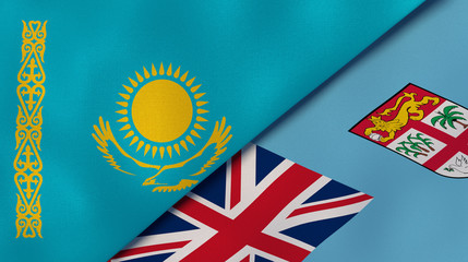 The flags of Kazakhstan and Fiji. News, reportage, business background. 3d illustration