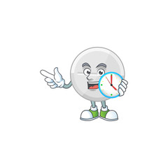 White pills mascot design concept holding a circle clock