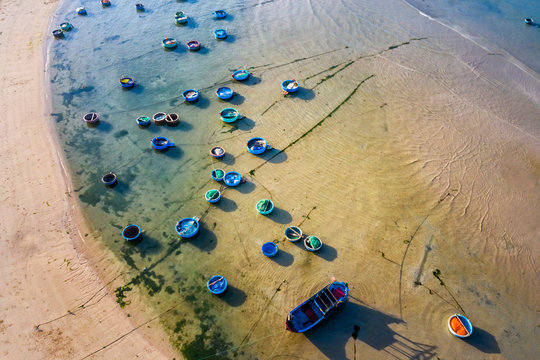 Aerial view of boats on beach at My Hiep, Phan Rang, Ninh Thuan, Vietnam.