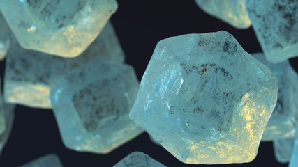 3D rendering illustration. Pieces of crushed blue warm cubes isolated ice on black background. Irregular shaped with reflection. Close up of ice cube.