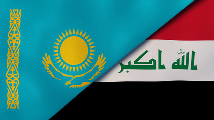 The flags of Kazakhstan and Iraq. News, reportage, business background. 3d illustration