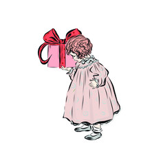 Little girl holding a gift. Princess dressed in pink long ball dress in vintage style from the nineteenth century. Drawing for design of greeting card happy Mother's day, Christmas or Happy Birthday. 