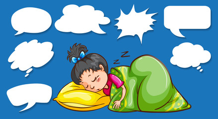 Different shapes of speech bubbles with girl sleeping