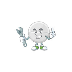 A mechanic white pills mascot character fix a broken machine