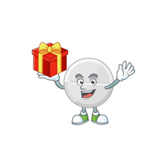 Obraz premium Charming white pills mascot design has a red box of gift