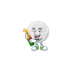 Mascot cartoon design of white pills making toast with a bottle of beer