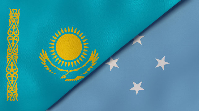 The flags of Kazakhstan and Micronesia. News, reportage, business background. 3d illustration