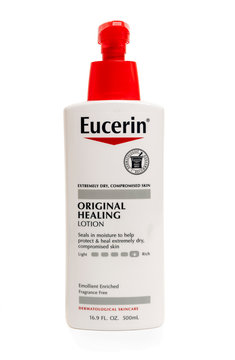Millburn, New Jersey, USA - April 9, 2020: A bottle of Eucerin Lotion on a white background.