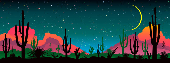 Night starry sky over the mexican desert. Landscape with various cacti against the backdrop of mountains and the night starry sky