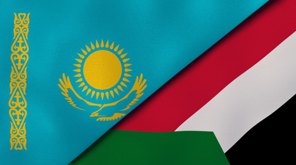 The flags of Kazakhstan and Sudan. News, reportage, business background. 3d illustration