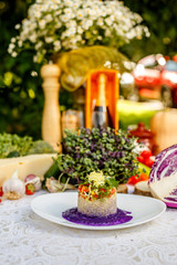vegetarian food, rice with vegetables and greens, healthy food on a decorated table