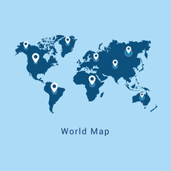 World map with white pointer marks. Globe communication concept. Location pins on travel map