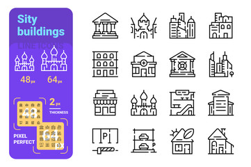 Set city buildings simple lines icons of municipal, cultural, residential.