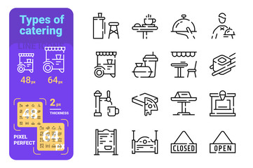 Set types of catering simple lines icons of fast, restaurant.