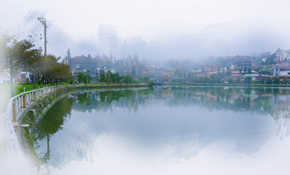 Lao Cai Province,sapa valley in north-west Vietnam, Beautiful scene of Sapa Lake and Sapa town.,image made water color by photoshop.