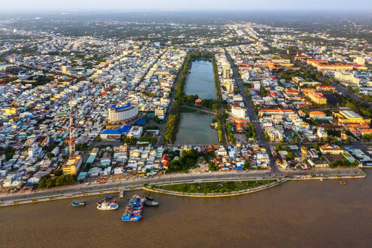 Aerial view of Gieng Nuoc Lon lake in park of  My Tho town center. Tien Giang, Vietnam. Mekong Delta. Near Ben Tre