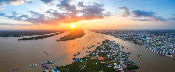 Panorama, Aerial view of Tan Long island or Con Tan Long in Tien Giang, Vietnam. Near My Tho city. Mekong Delta. Near Ben Tre