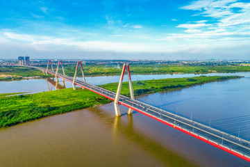 Aerial view of Nhat Tan bridge in Ha Noi, Vietnam. Nhat Tan Bridge is a bridge crossing the Red River. Panorama